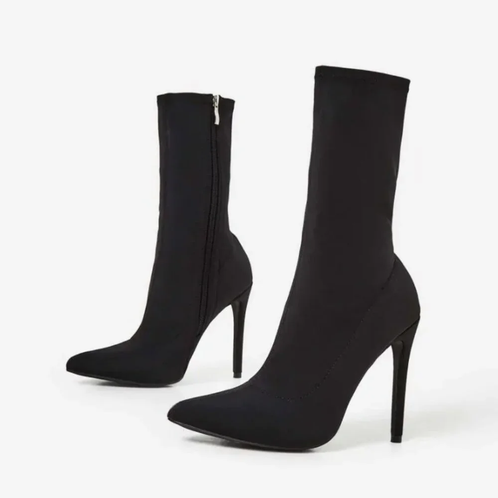 NWOB - EGO Fiona Pointed Toe Stiletto Ankle Boots in Black Lycra – Size 11US/9UK - Picture 2 of 12